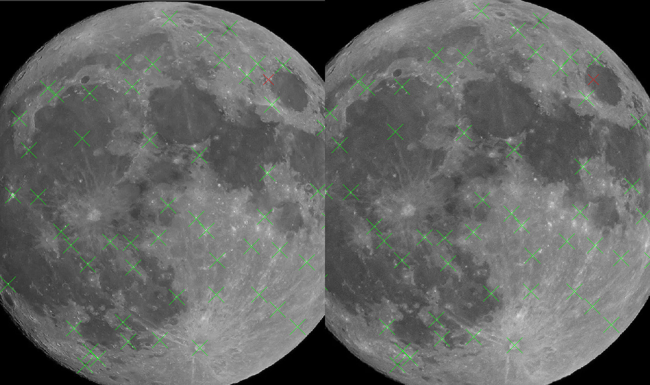 Two images of the Moon side by side, with dozens of crosses at the same place on each.